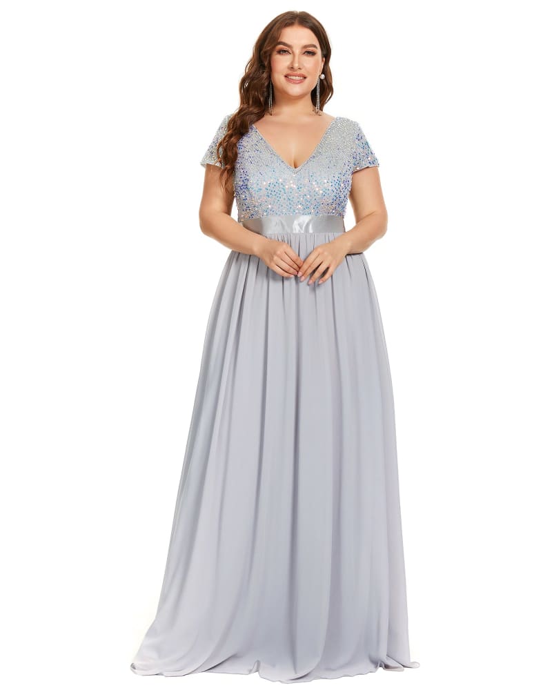 Front of a model wearing a size 18 Empire Waist V-Neck Cap Sleeve Chiffon Evening Dress in Silver by Ever-Pretty. | dia_product_style_image_id:288732